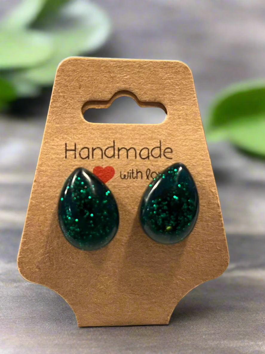 Emerald Isle - Hand Made Green Glitter Stud Earrings