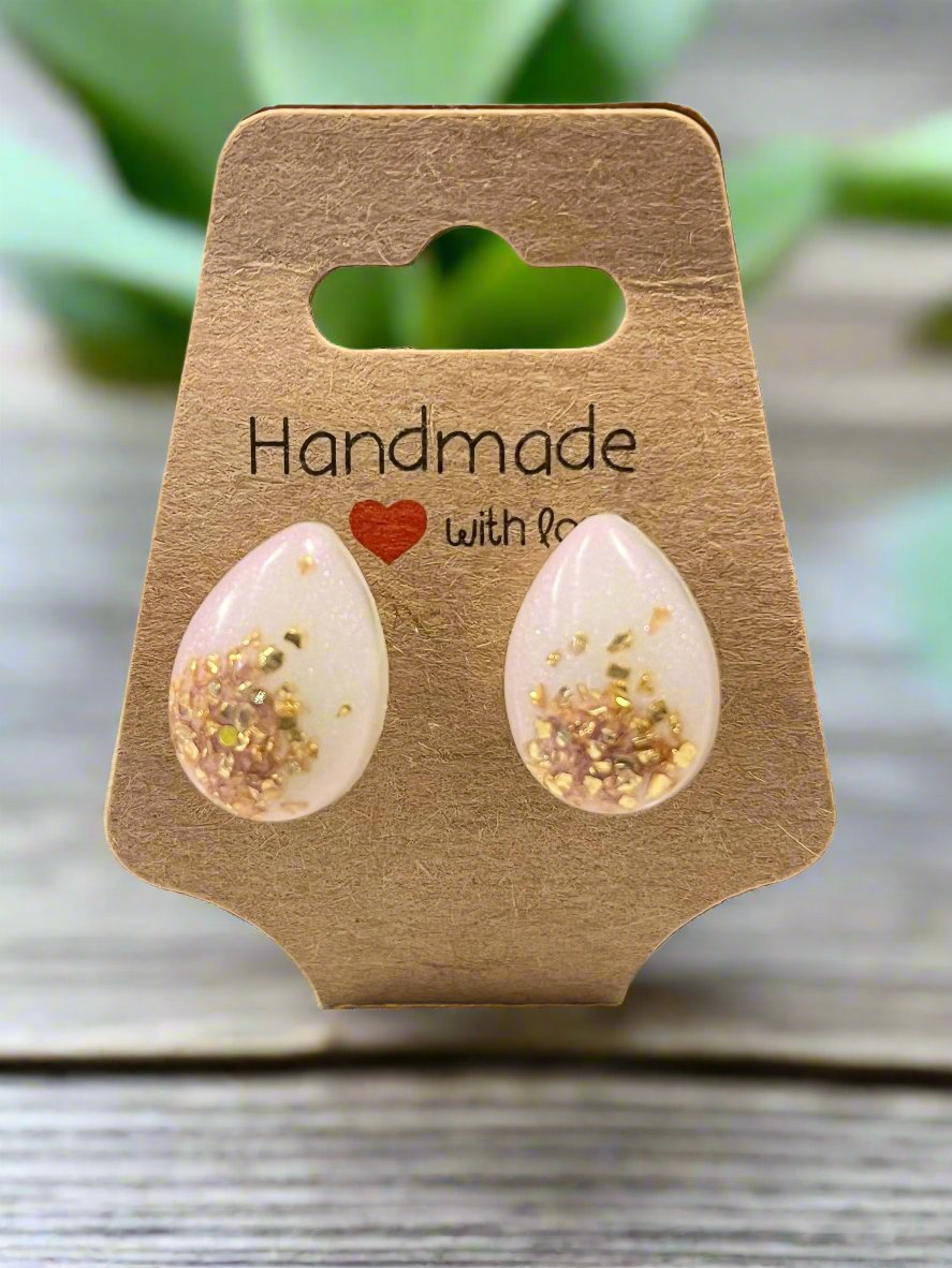 Pearl Goddess - Handmade Pearly White Resin Earrings with Gold Glitter