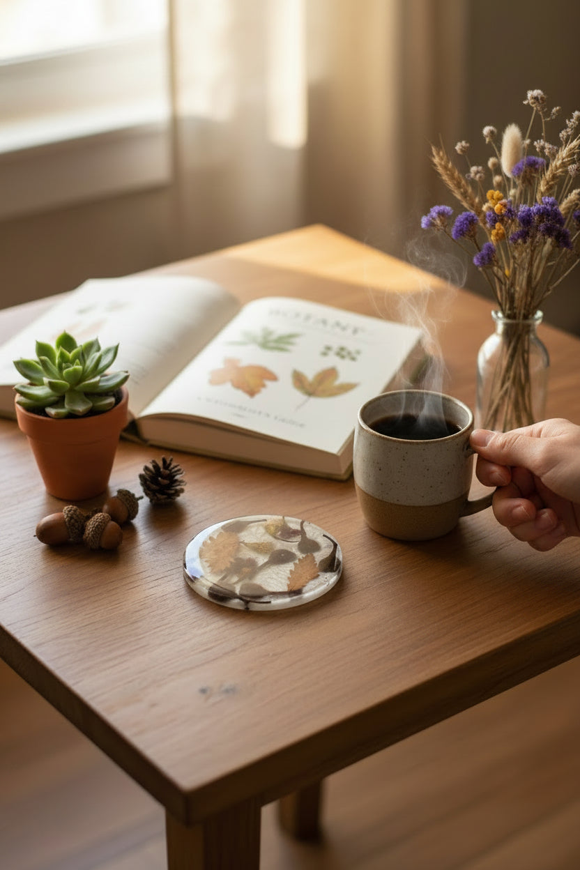 Natural autumn leaves and gumnut handmade coaster