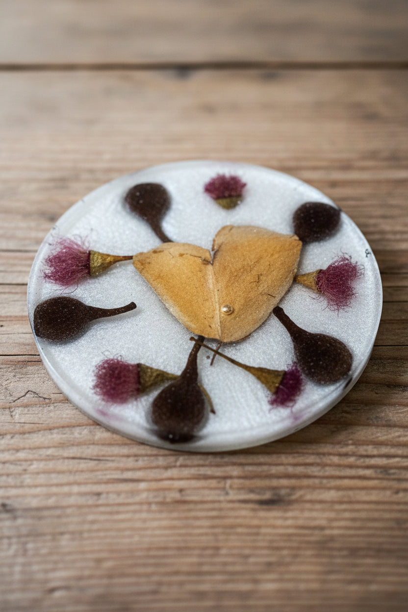 Handcrafted coaster design featuring a central heart-shaped autumn leaf surrounded by native seed pods