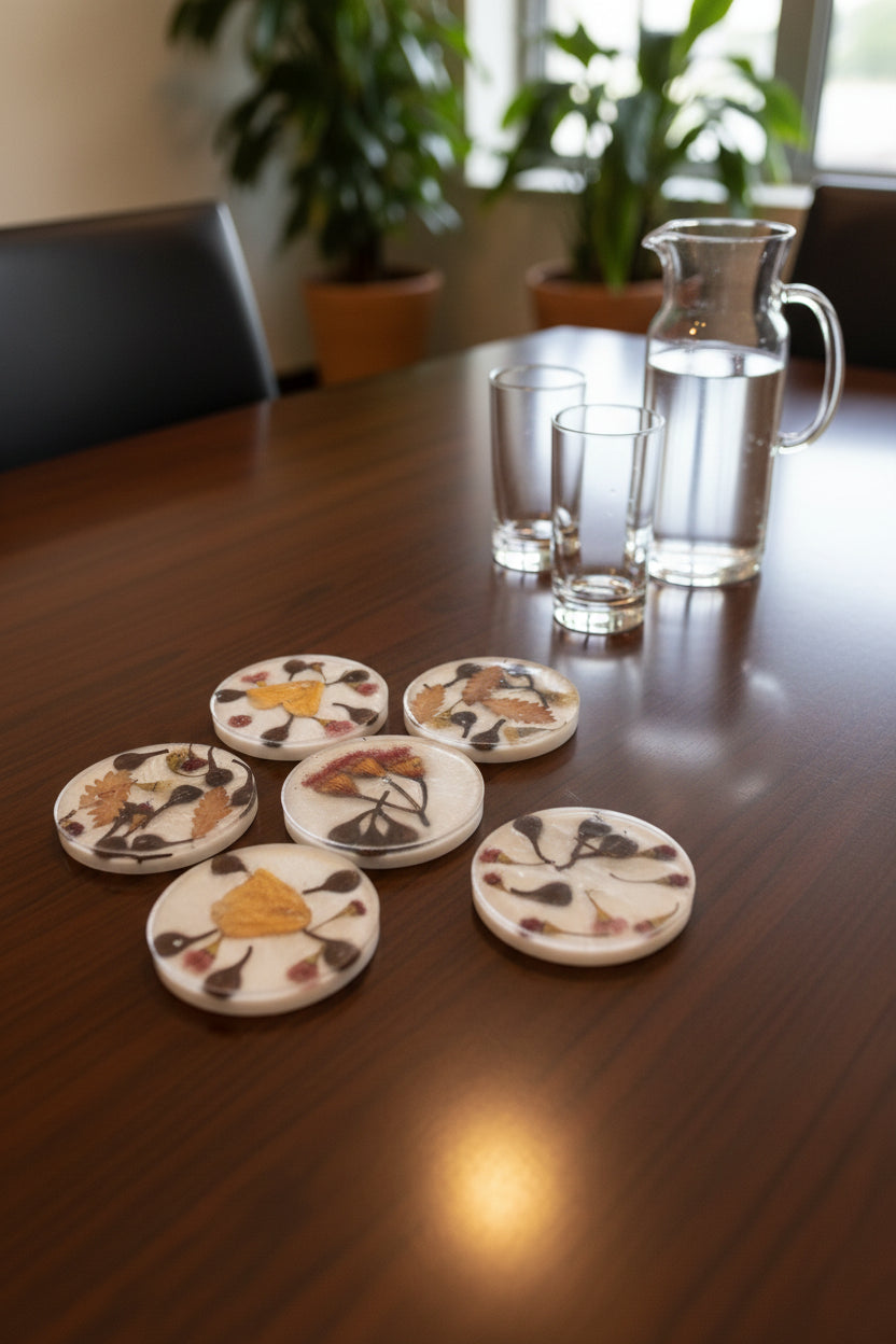Collection of 6 handmade resin coasters with unique autumn botanical inclusions.