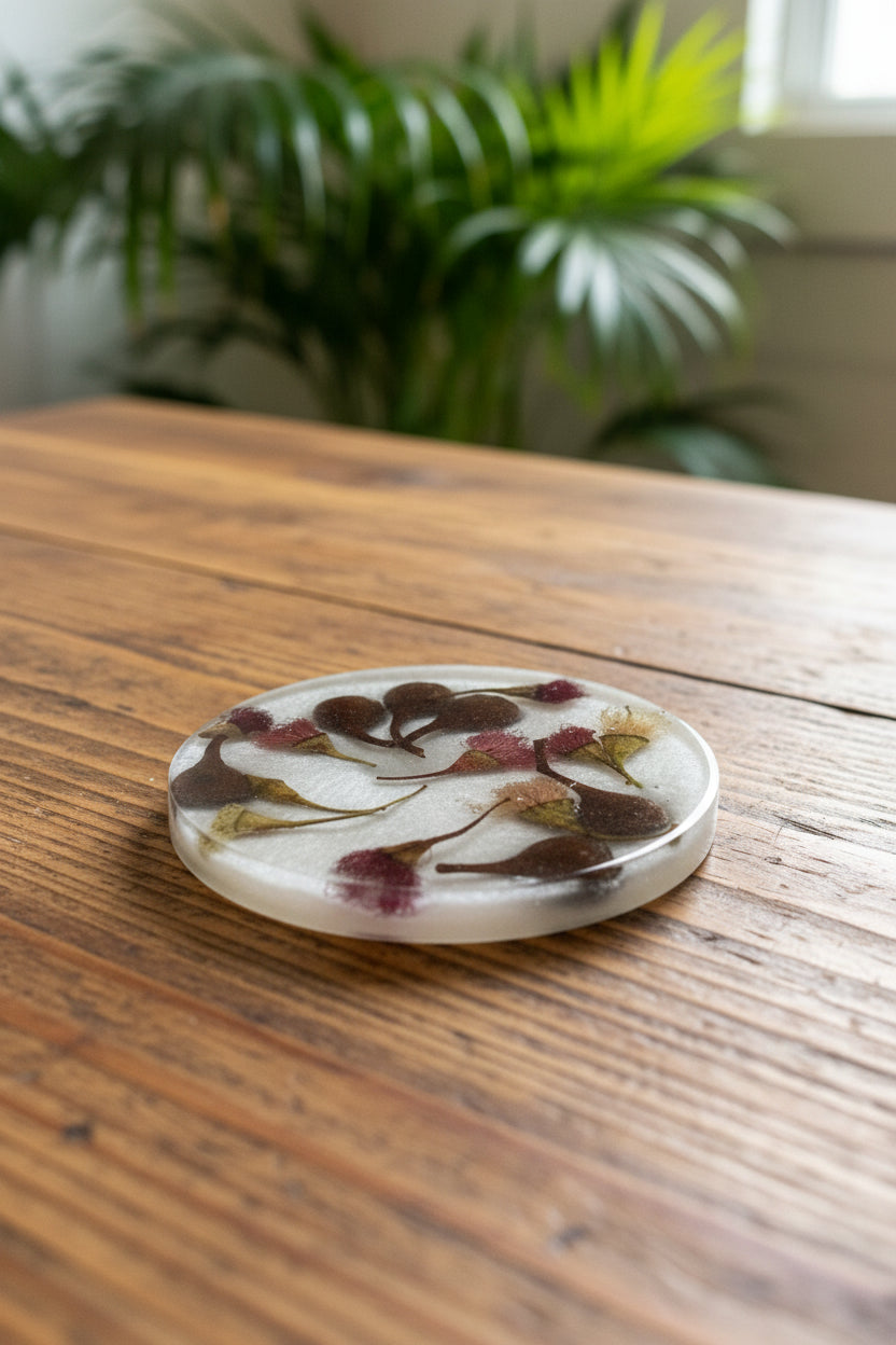 Dried native flower buds and seed pods in handmade autumn resin coasters.