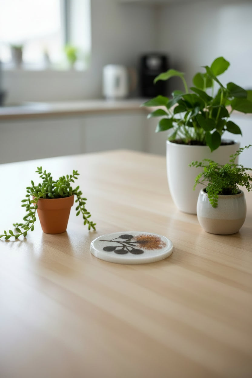 Resin coaster with hand‑arranged native gumnuts and dried flowers collected locally