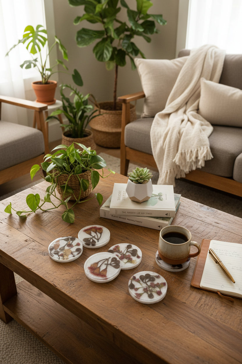 Set of six handmade resin coasters featuring locally collected autumn leaves, gumnuts and seeds.